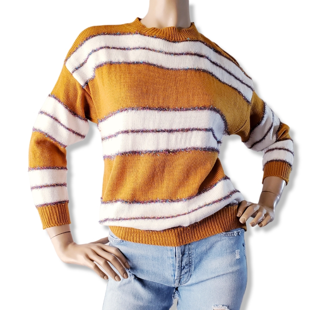 Mustard Yellow & White Metallic Striped Knit Sweater by Pinklicious